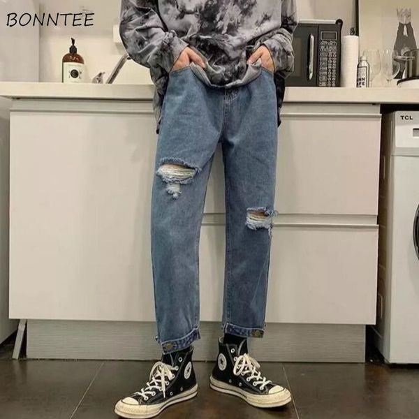 

men's jeans men solid holes stylish casual ankle-length loose daily straight students chic all-match denim trousers streetwear, Blue