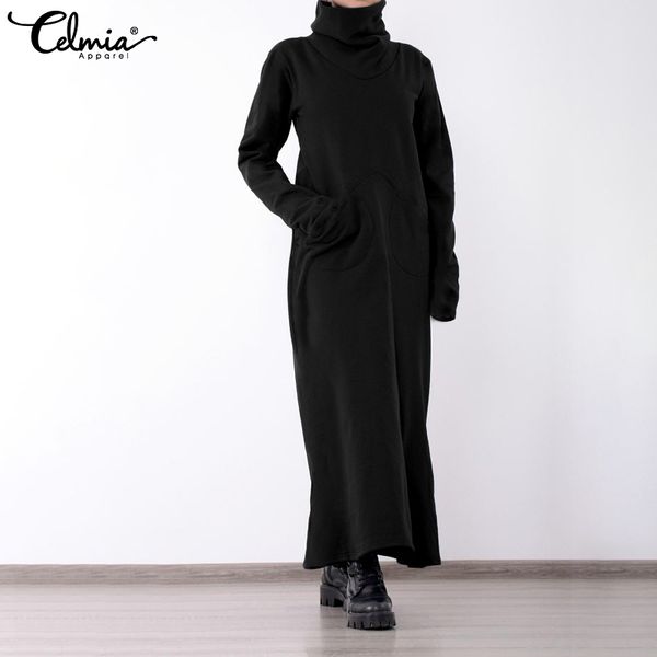 

plus size women winter warm dress celmia 2019 casual long sleeve loose turtleneck pullover maxi dress robe vestidos oversized, Black;gray