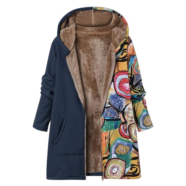 

coat plus size women long sleeves printed pockets thicker zipper hooded outwear loose outdoor sport causal party winter 19nov4, Black