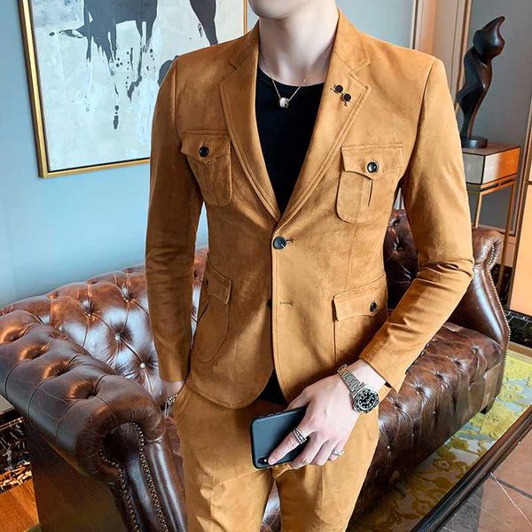 

gzdeerax suede ткань мужчины костюм (пиджак + брюки) роскошные апартаменты карманы мужских костюмов свадебного groom мода slim fit мужские к, White;black