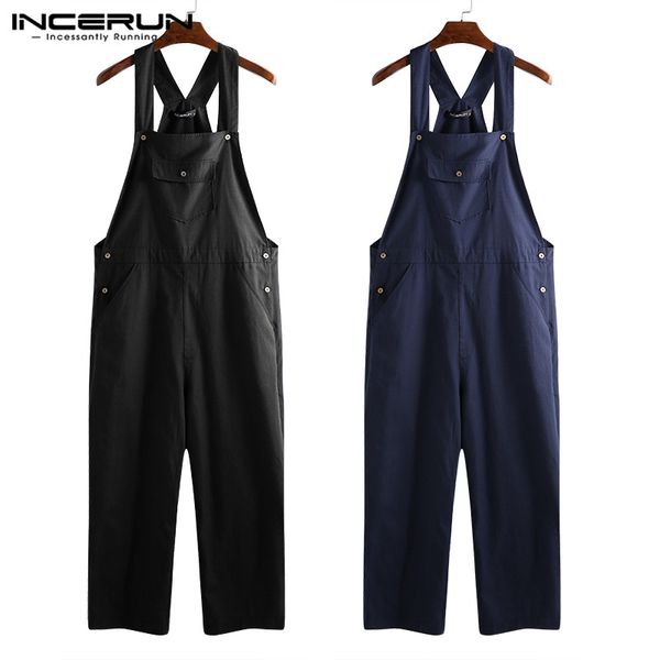 

men jumpsuit rompers joggers streetwear solid color pants pockets loose strap suspenders 2019 men overalls harajuku incerun 5xl, Black