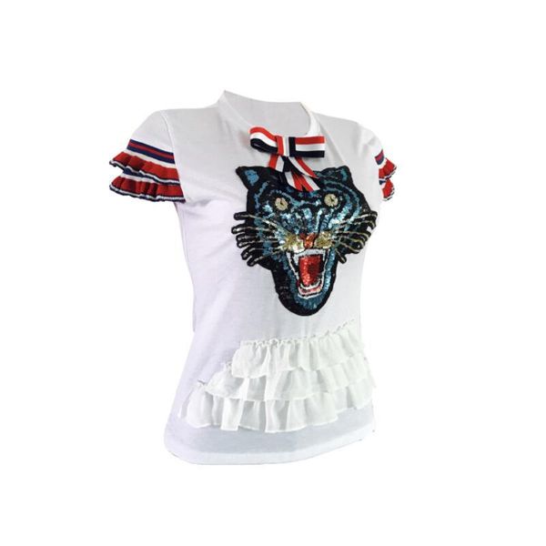 

2018 summer europe style women's bow tiger head sequins lotus leaf sleeve t-shirt ing, White