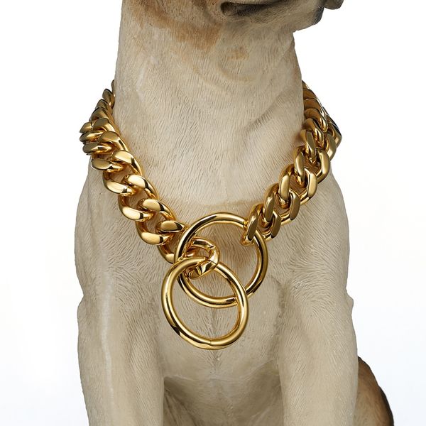 

large gold dog collar, 12/15mm heavy stainless steel strong dog training choke cuban link miami chain pet training necklace, Silver