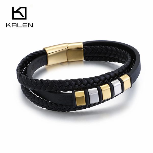 

урожай многослойной плетеный кожаный браслет wrap для мужчин из нержавеющей стали 22см геометрическая шарм браслет браслет ювелирных изделий, Golden;silver