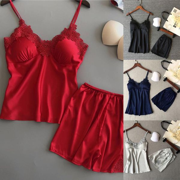 

2pcs womens satin lace flower new arrivals sleepwear babydoll lingerie nightdress pajamas set v-neck smooth soft sleepwears, Blue;gray