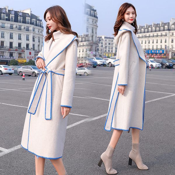 

chic woolen windbreaker jacket female 2019 autumn and winter korean fashion long cardigan bandage coat tide outwear abrigo f2069, Black