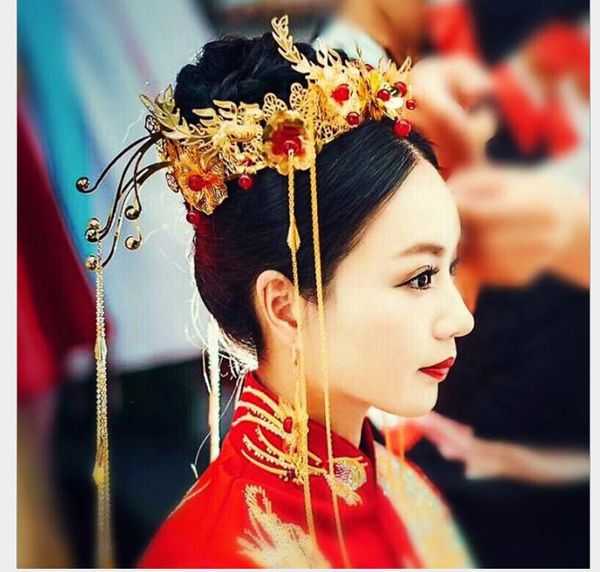 

retro xiuhe clothes, hair ornaments, ancient ornaments, whole fengguan xiamen shadow house ornaments, Slivery;golden