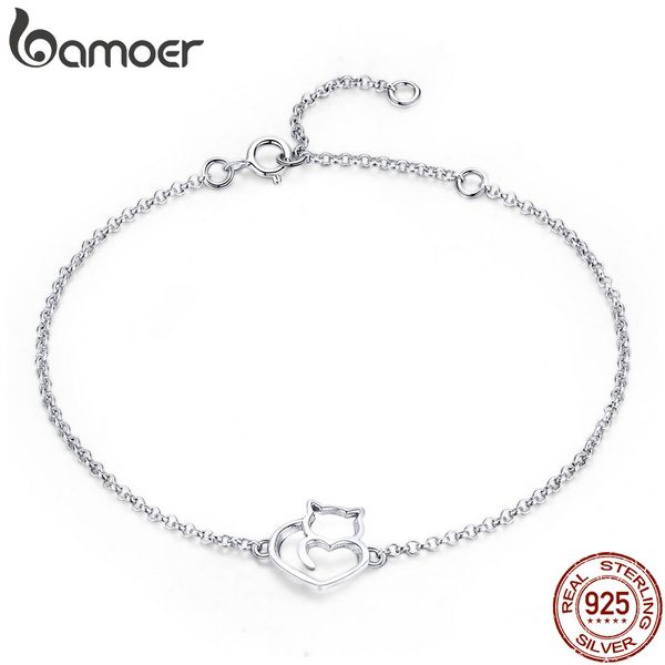 

bamoer 100% 925 sterling silver cat and heart link chain bracelets & bangles for women authentic silver jewelry gift scb102, Black