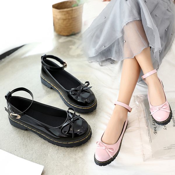 

lolita cute women's shoes korean version of the wild student patent leather shoes japanese cute bow single, Black