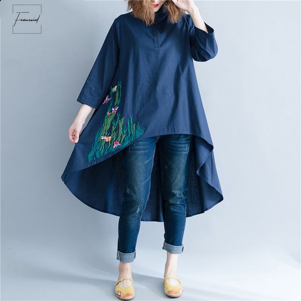 

women blouse shirt long sleeve linen thin autumn embroidery femme lady loose 2xl clothing casual plus size big, White