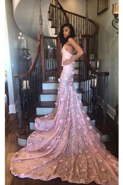 

blush pink 3d flowers mermaid prom dresses sleeveless african lace appliques evening gown black girl formal party dress