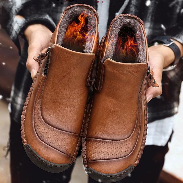 

lingge casual shoes genuine leather men boots winter cotton loafers cowhide footwear warm cloth shoes ankle boots for male, Black