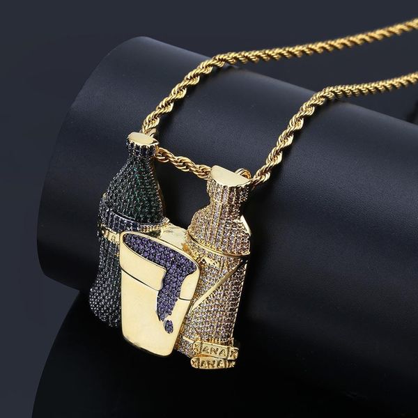 

new fashion personalized 18k gold plated mens hip hop multi-color cz zirconia bottle pendant necklace twist chain iced out punk jewelry gift, Silver