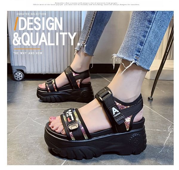 

sports sandals women 2020 new wild open toe thick bottom shallow mouth casual students breathable wild waterproof platform women's shoe, Black