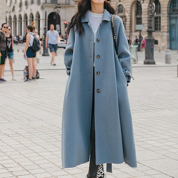 

2019 winter coat elegant single-breasted women blend coats thicken warm long-sleeved belted long female overcoat, Black