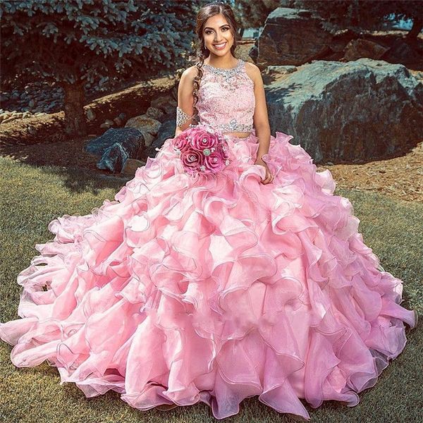 

cascading tier ruffles pink ball gown quinceanera dresses 2020 beads appliques sweet 16 vestidos de 15 anos masquarade prom evening dress, Blue;red