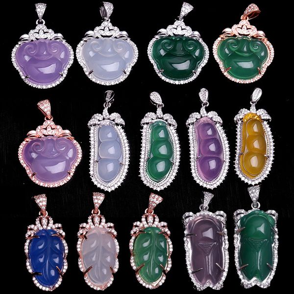 

natural agate 925 silver inlaid leaf cicada pendant necklace charm jewellery fashion accessories hand-carved woman luck amulet