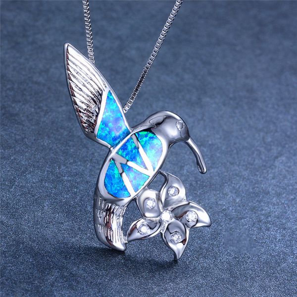 

boho female big bird flower pendants necklaces blue fire opal stone necklace fashion 925 sterling silver animal wedding jewelry