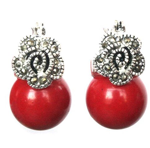 

lady 12mm red coral bead flower marcasite and silver earrings