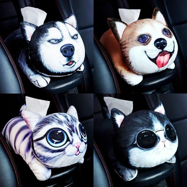 

wholesale] 10pcs mix 3d plush cartoon car tissue boxes cute pet-shaped cat dog auto portable paper napkin holder box