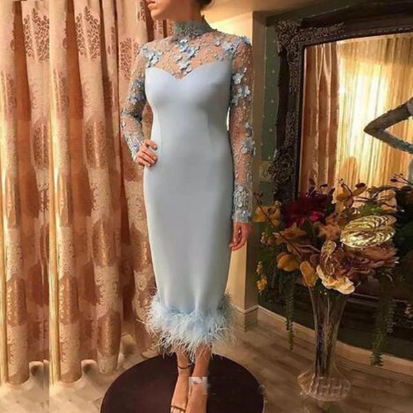 

Custom Made Sheath Prom Dresses High Neck Lace Appliques Long Sleeves Formal Evening Dresses Satin Zipper Back Feather Cocktail Party Gowns