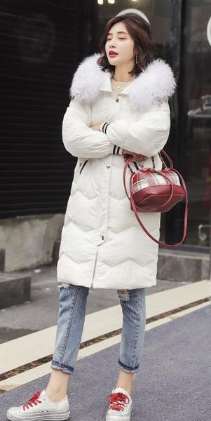 

2019 новый пуховик в длинный участок корейской версии контрастность цвет большой меховой воротник хлопок одежда, Black