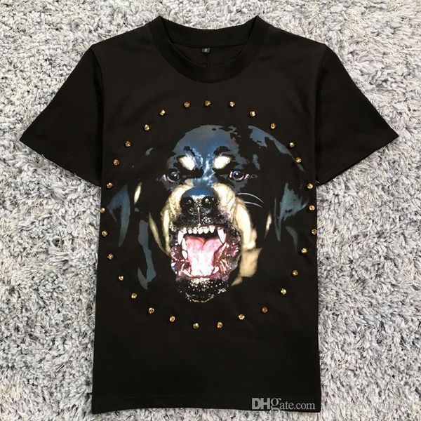 

2017 summer dog head champagne rhinestone loose round neck hedging cotton men and women lovers short-sleeved t-shirt, White
