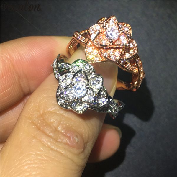 

vecalon female flower ring 925 sterling silver diamond wedding band rings for women bridal party finger jewelry gift, Slivery;golden