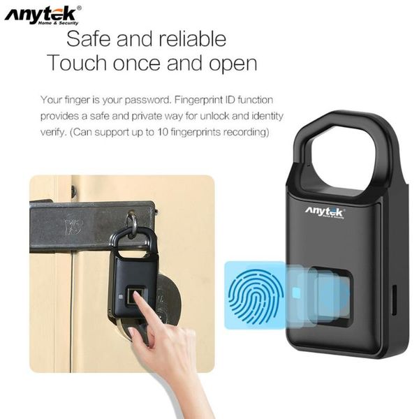 

2019 anytek p4 fingerprint lock usb rechargeable smart keyless anti-theft padlock suitcase door lock burglar alarm safe reliable car