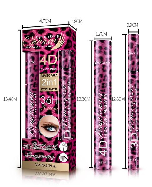 YANQINA 4D Mascara 2 in 1 Mascara Eyeliner 3D THICK CURL 36H Flüssig-Eyeliner 10 g Langlebiges, wasserfestes, verlängerndes Augen-Make-up-Set