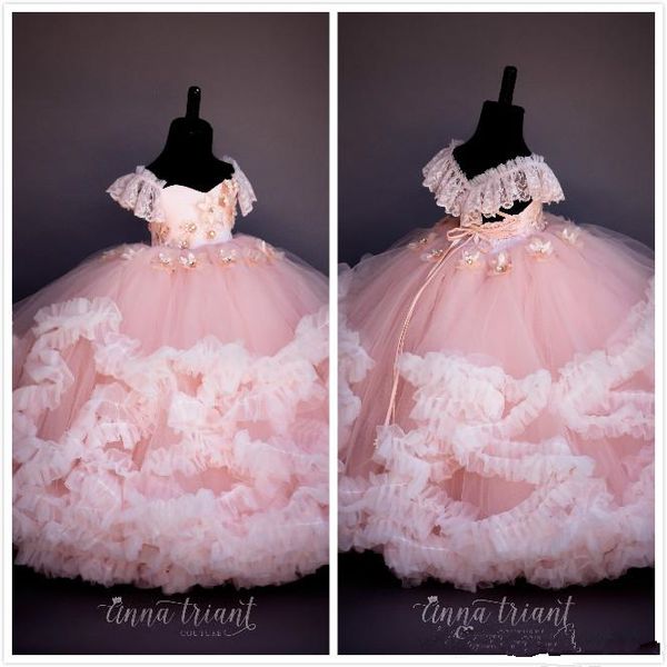 

pink lace beaded flower girl dresses ball gown hand made flowers little girl wedding dresses vintage pageant dresses gowns, White;blue