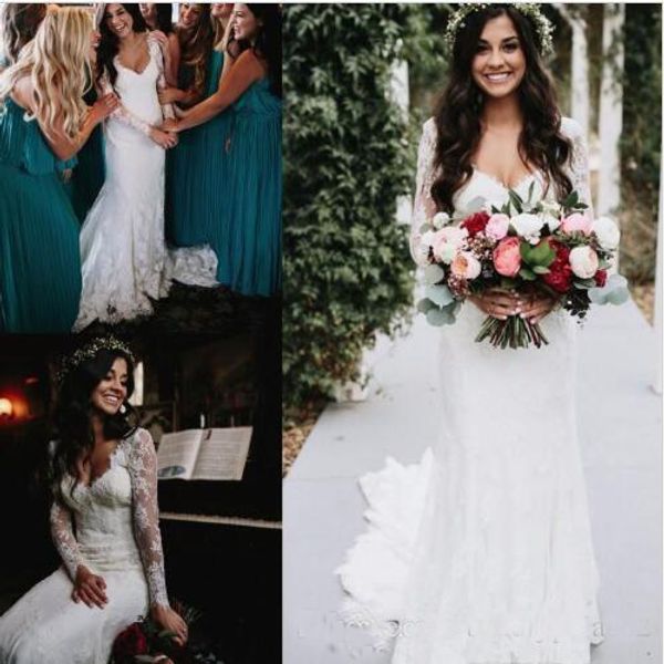 

Elegant Boho Lace Mermaid Wedding Dresses 2019 Country Style Long Sleeves Bridal Gowns Forest Garden Wedding Gowns Sweep Train Cheap