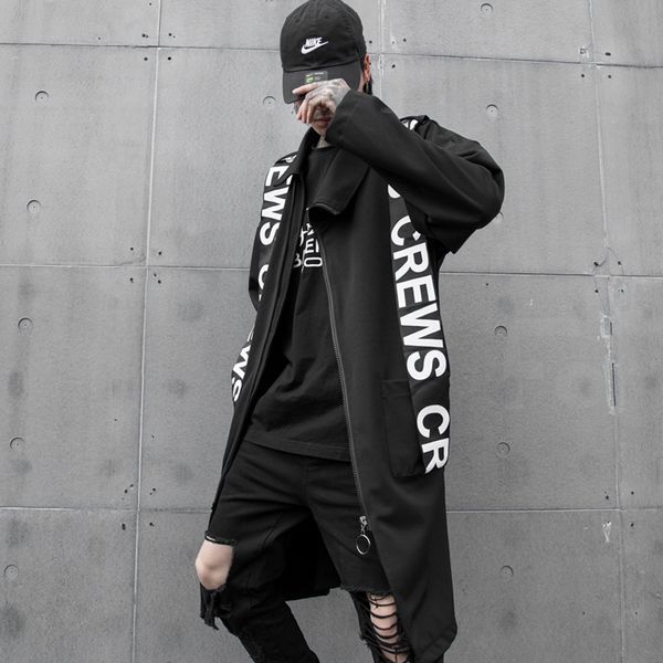 

men windbreaker long style letter ribbon splice loose black trench coat jacket male streetwear hip hop gothic casual outerwear, Tan;black