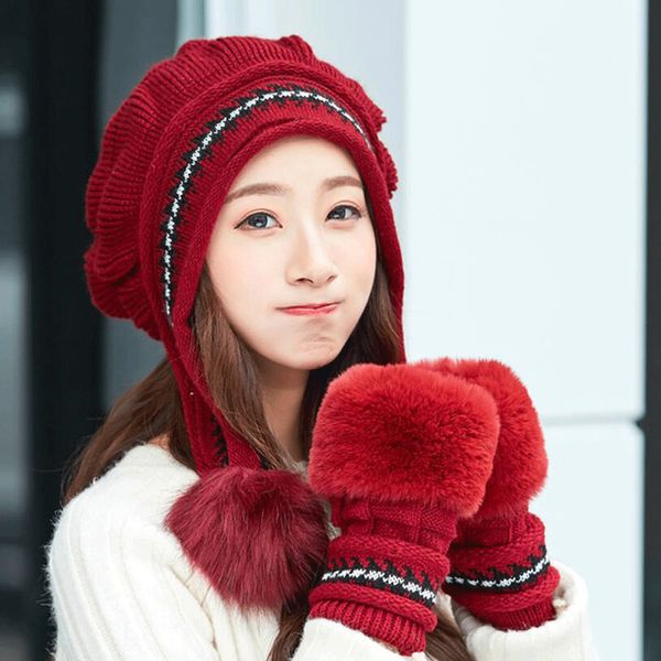 

2pcs women girl winter warm knit pom ball beanie hat cap mitten glove 7 color new arrival, Blue;gray