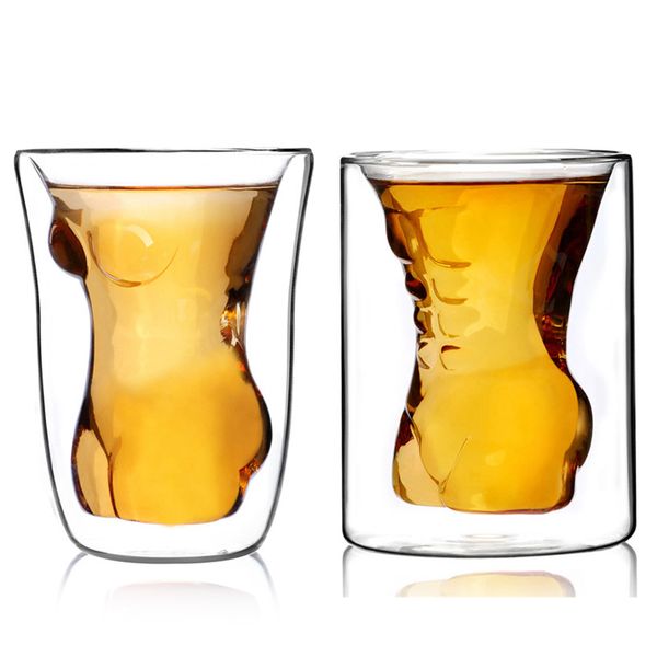 

transparent crystal double wall woman man shape glass cup for beer whiskey cocktail clear mug wholesale