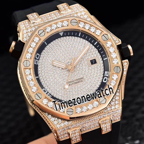 

edition new royal 15707 rose gold all diamond case automatic mens watch black rubber sapphire sports watches timezonewatch e09b2, Slivery;brown