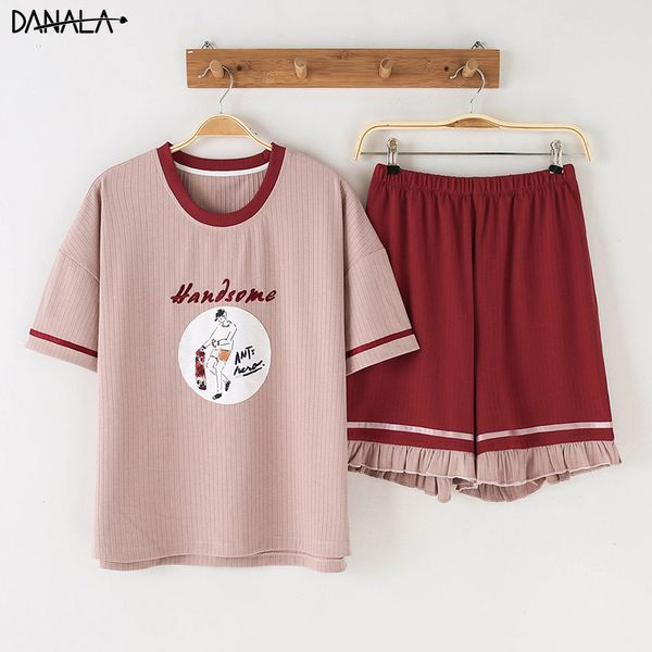 

danala cotton casual women pajamas sets summer cartoon print vogue short sleeve sleepwear sets women home suits nightwear, Blue;gray