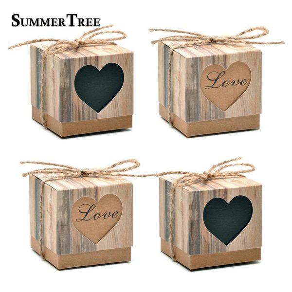 

50pcs romantic lover black heart window candy box wedding decoration vintage kraft favors gift boxes with burlap twine chic
