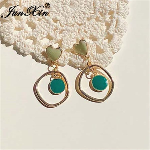 

junxin irregular heart drop earrings for women boho gold beige white green enamel stone earrings korean wedding party jewelry, Silver