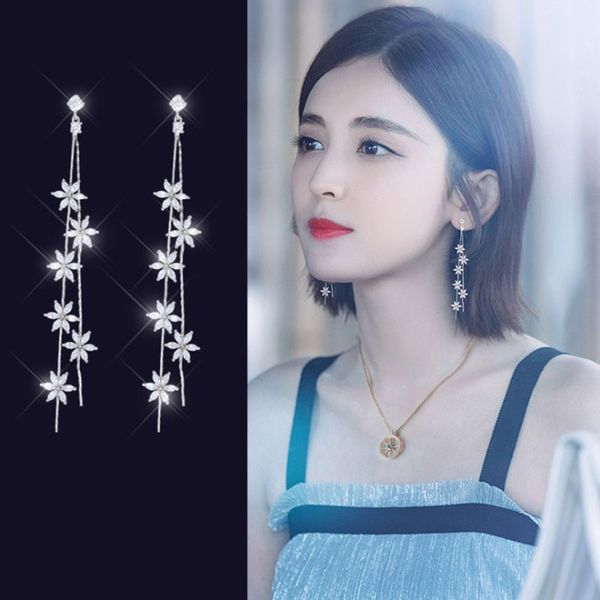 

925 silver needle flower micro-inlaid zircon earrings fringed temperament korean long tassel earrings ladies wild, Golden;silver