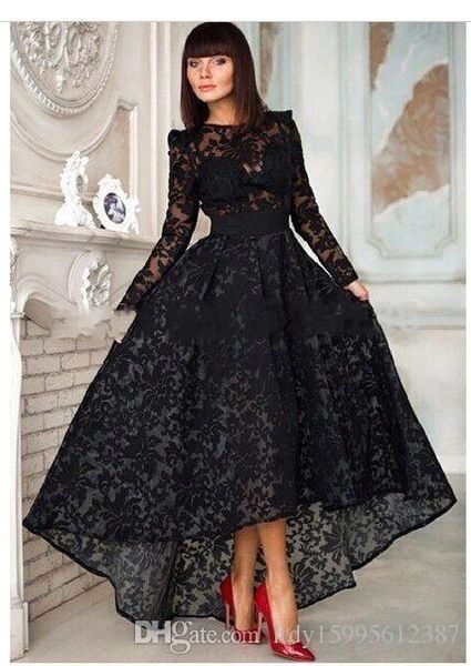 

sheer scoop neckline appliques high low formal party gowns long evening dresses 2019 black lace long sleeve evening dress 011, Black;red