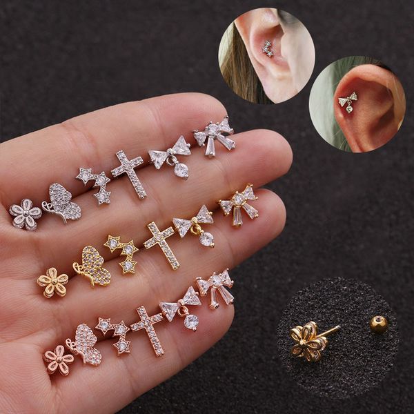 

luruixu 1pc cz cartilage earring stainless steel flower star butterfly screw back earring stud helix rook conch piercing jewelry, Golden;silver
