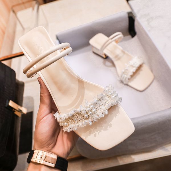 

low slippers casual shoes slides square toe slipers women luxury soft summer 2020 block pu scandals leisure fabric buckle strap, Black