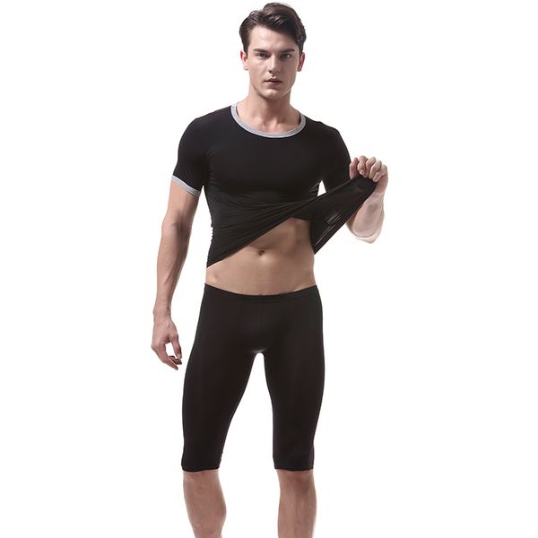 

men ultra thin underwear set ice silk short sleeve t-shirt + middle shorts pants sleepwear nightwear pants sets, Black;white