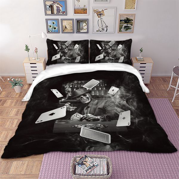

3d skull poker a bedding set dark color duvet/quilt cover pillowcase single  king bedlinen new 3pcs dropship