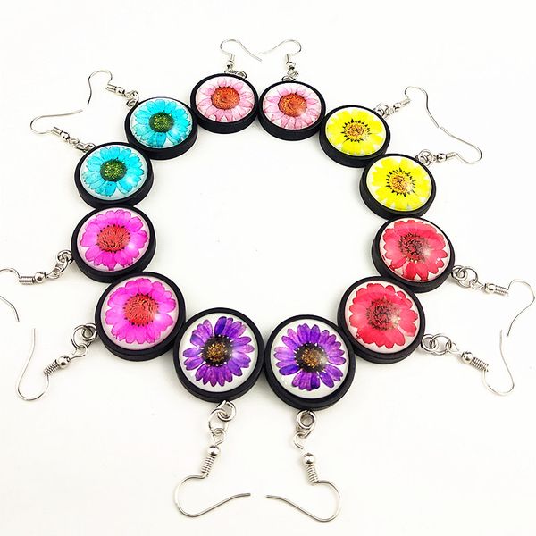 

jiangzimei 24pairs pink,red, blue, purple rose dried flowers, chrysanthemum,daisy ps glass eardrop black wood earrings, Silver