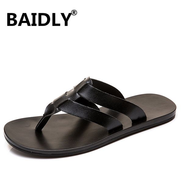 

brand men's flip flops leather luxury slippers men beach casual summer sandals men fashion water shoes big size, Black