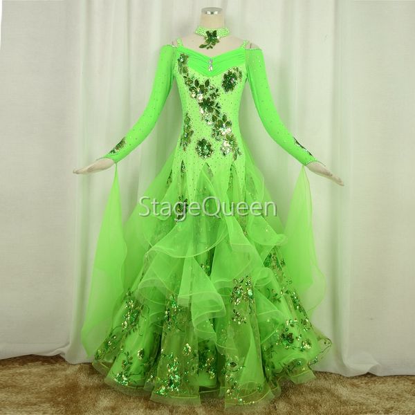 

green standard ballroom dresses girls long sleeve lycra stretchy dancing costume waltz ballroom competition dance dress, Black;red