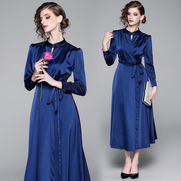 

luxury design fashion vintage dress spring fall runway women's mock neck sashes bow big swing dress office lady business party prom dre, Black;gray