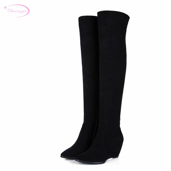 

chainingyee handmade quality custom pointed toe knee high boots frosted sheepskin zippers wedge women's riding boots, Black